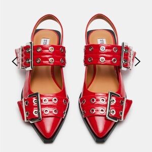 Red graya buckle flats